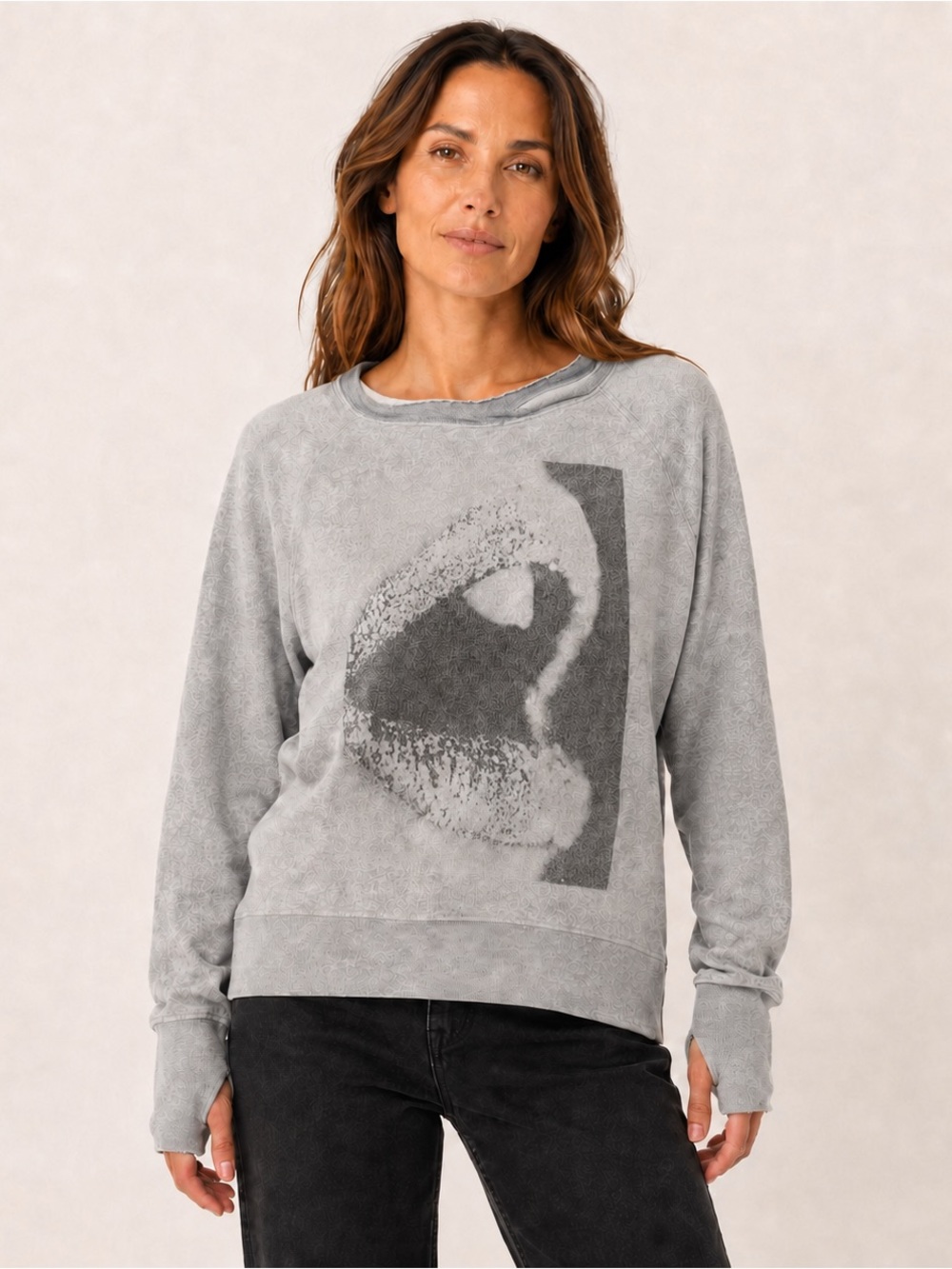 Pam & Gela Graphic Eye Sweatshirt Gray Zip Back Thumbholes Size S